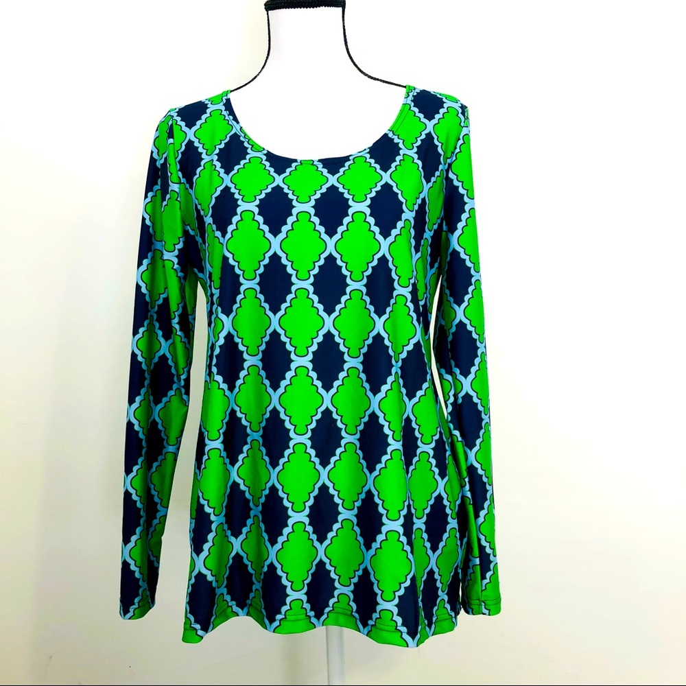 Haley and the Hound Argyle Style Green Blue Long Sleeve Top Womens Medium